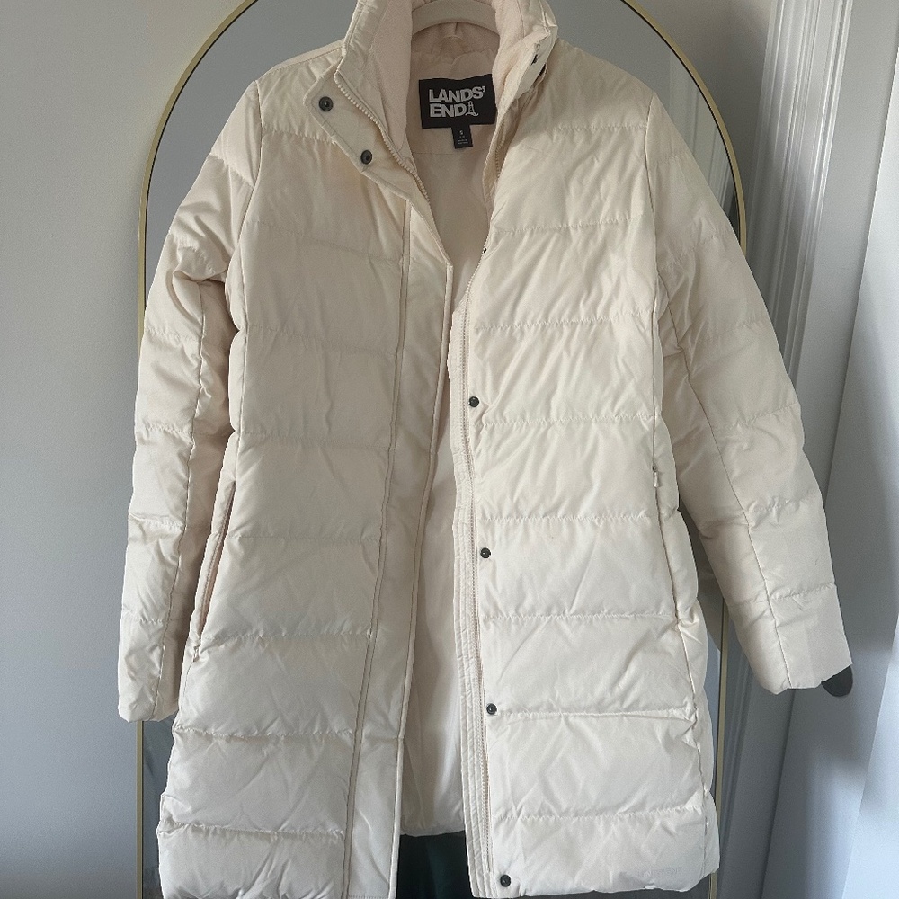 Long cream puffer with detachable hood